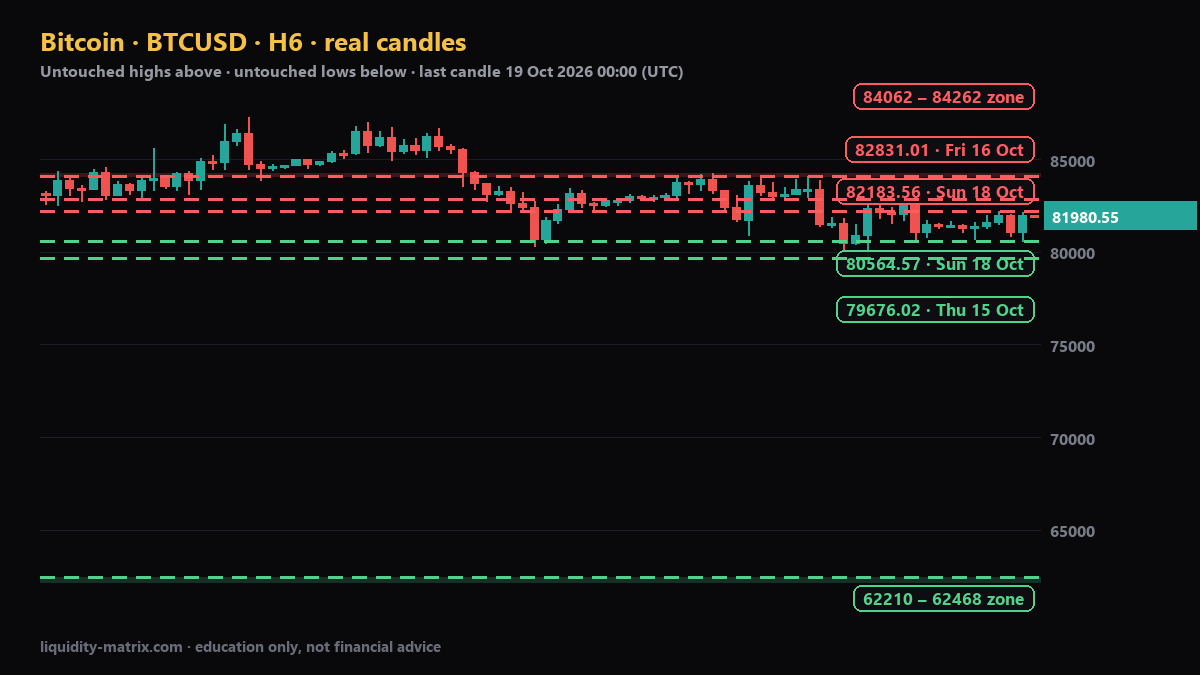 BTCUSD H6 chart: above 82183.56; above 82831.01; above 84062 – 84262; below 80564.57; below 79676.02; below 62210 – 62468