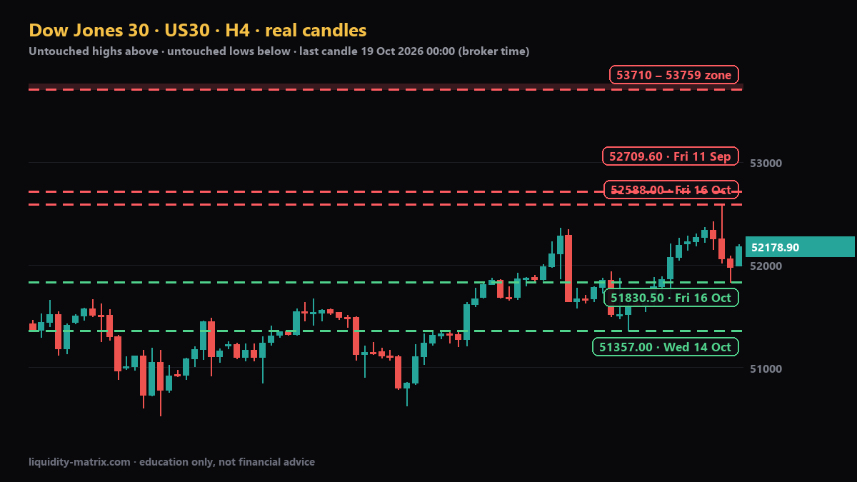 US30 H4 chart: above 52588.00; above 52709.60; above 53710 – 53759; below 51830.50; below 51357.00