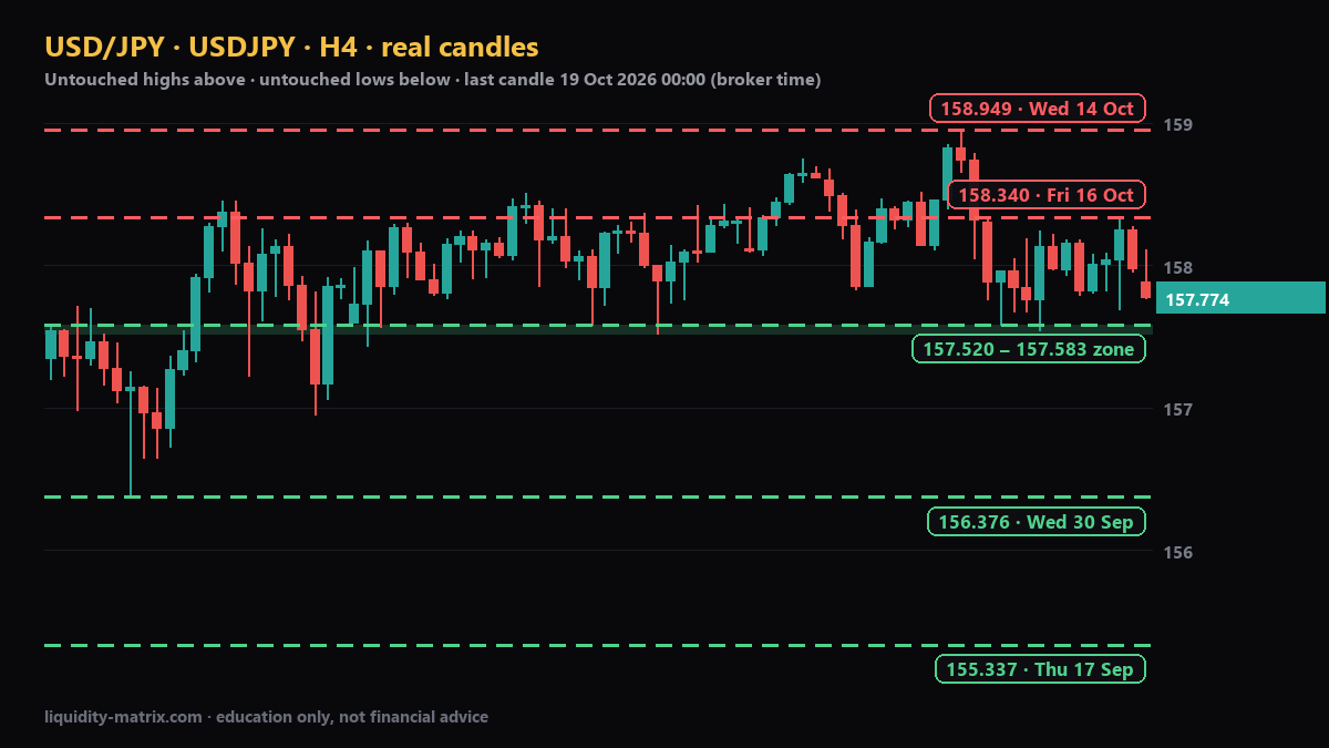 USDJPY H4 chart: above 158.340; above 158.949; below 157.520 – 157.583; below 156.376; below 155.337