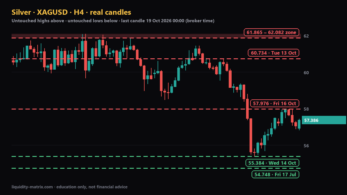 XAGUSD H4 chart: above 57.976; above 60.734; above 61.865 – 62.082; below 55.384; below 54.748